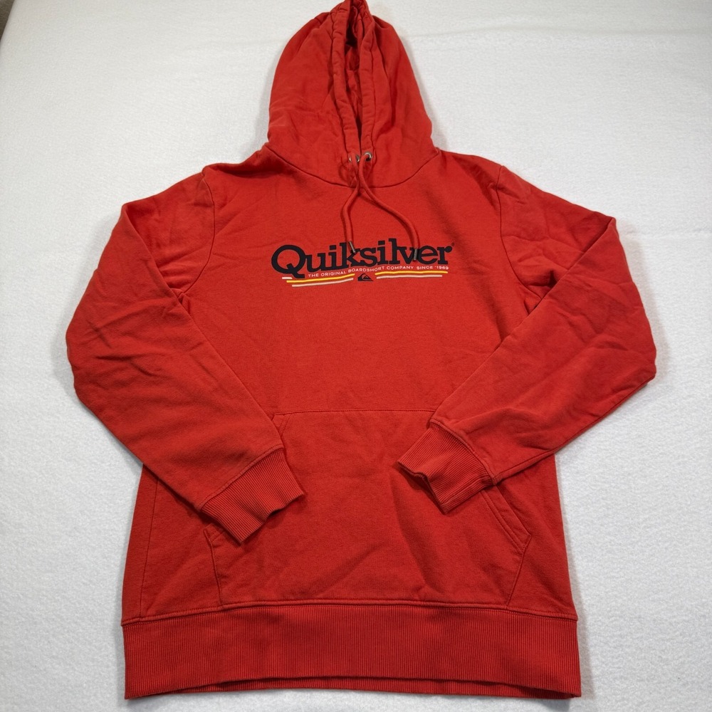 Quiksilver Hoodie Men's Small Orange Pullover Sweatshirt Logo Surf Skate Casual
